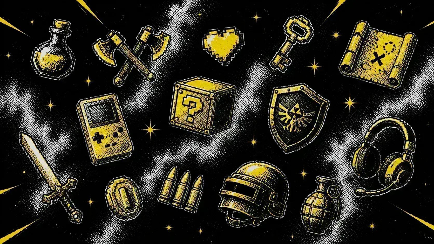Pixel-Art mit gelben Gaming-Gegenständen auf dunklem Hintergrund